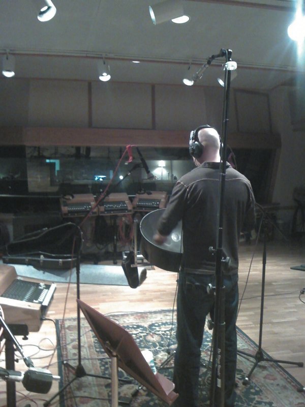 Yascha Noonberg playing steel drum tracks at a recording studio in Nashville, TN.