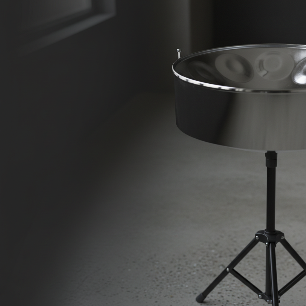 An elegant, text-friendly background image featuring a single tenor steel pan partially cropped on the right side of the frame, its chrome surface catching subtle highlights from soft, overcast window light. The left side of the image gradually fades into a smooth, dark neutral gradient, providing ample negative space for an about or bio section. The pan rests on a matte black stand over a slightly textured concrete floor, adding a contemporary, Portland-urban feel. Photographic realism with a shallow depth of field ensures the instrument’s rim and nearest notes are sharp while the rest gently softens, creating a refined, professional mood.