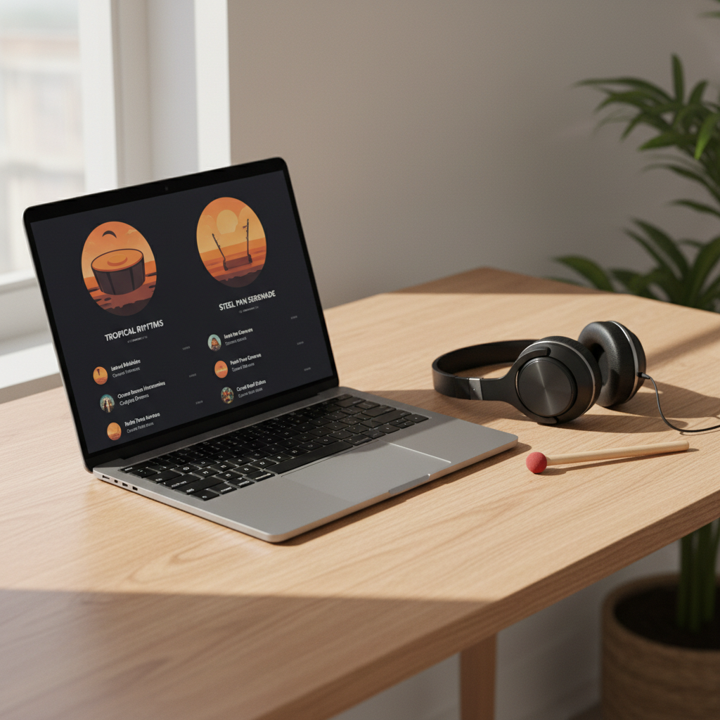 A sleek laptop open on a minimalist wooden desk, its screen displaying a music streaming interface with steel pan album artwork and track lists clearly visible but not branded. Next to the laptop, a pair of high-end over-ear headphones rests on the desk, and a small steel pan mallet lies casually beside them, hinting at the instrument behind the recordings. Soft afternoon window light illuminates the scene from the left, creating a calm, productive atmosphere with gentle shadows. Photographic realism, shot from a three-quarter elevated angle using the rule of thirds, suitable for a portfolio page linking to Spotify and Apple Music.