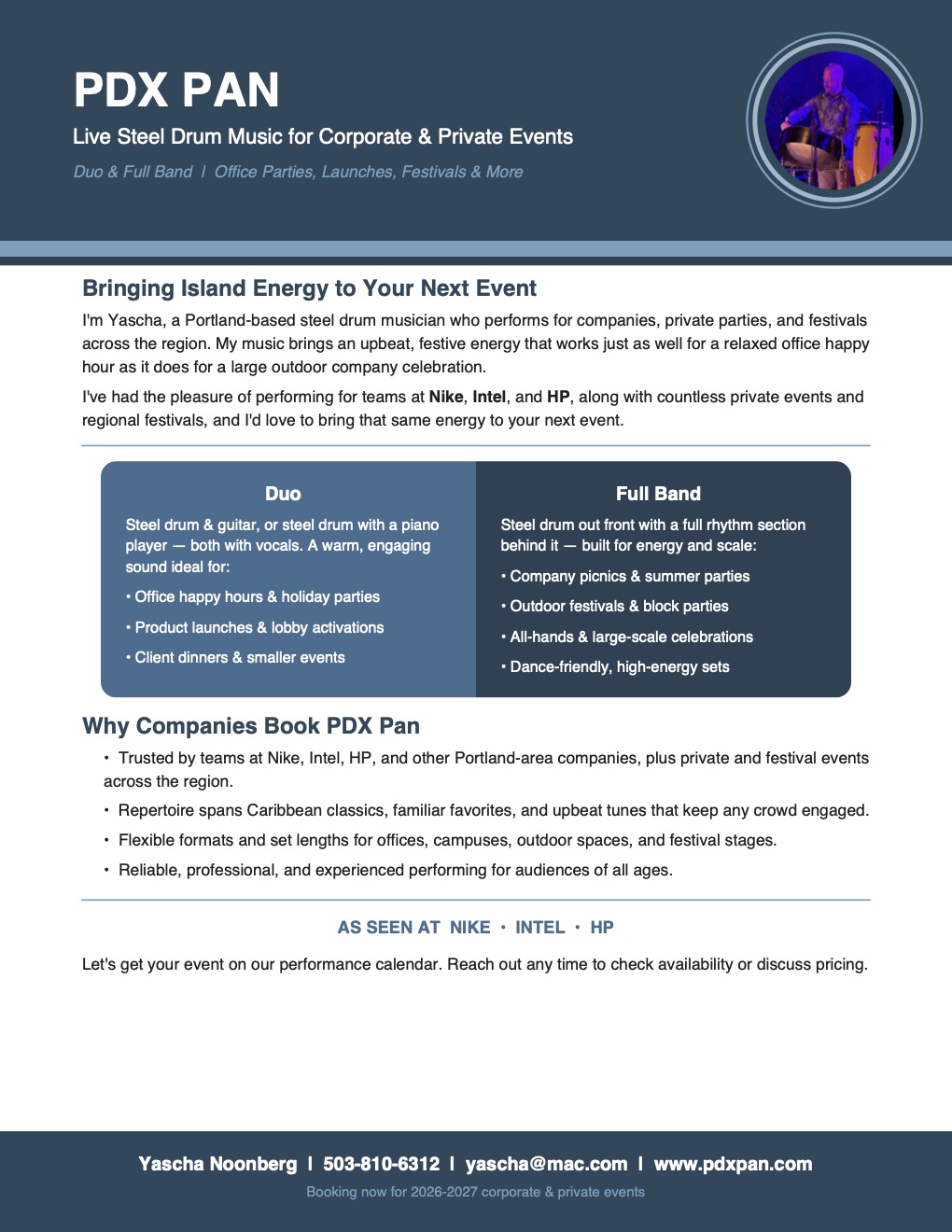 Flyer for PDX Pan, a Portland-based steel drum performer for corporate and private events, offering duo and full-band formats; notes past performances for Nike, Intel, and HP.